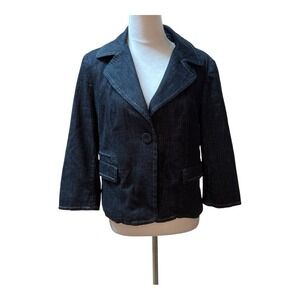 Talbots Womens Dark Wash Denim Blazer Jacket 12 Button Front White Stitching